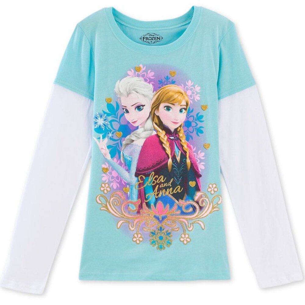 New! Disney Frozen Elsa & Anna Long Sleeve Glitter T-Shirt